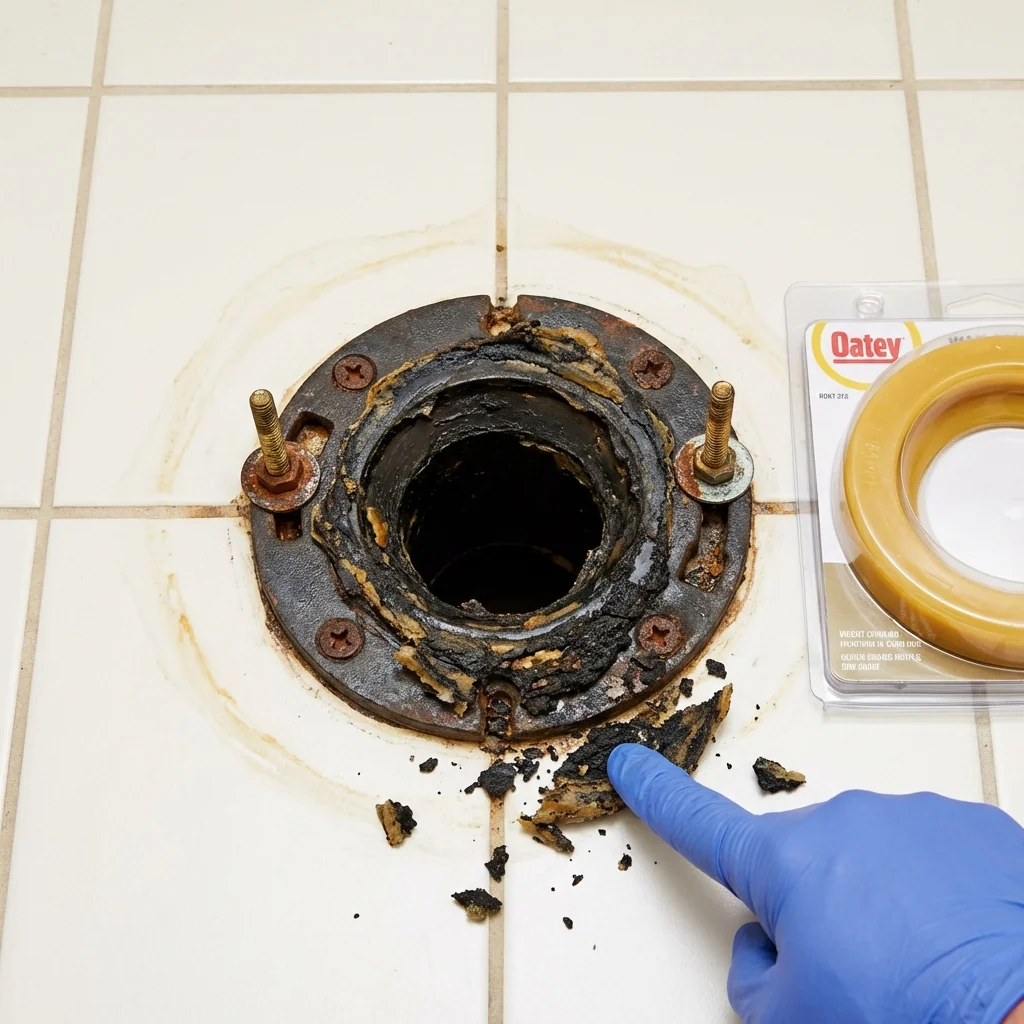 Failed wax ring showing water seepage at the base of a toilet in a Livingston, LA home