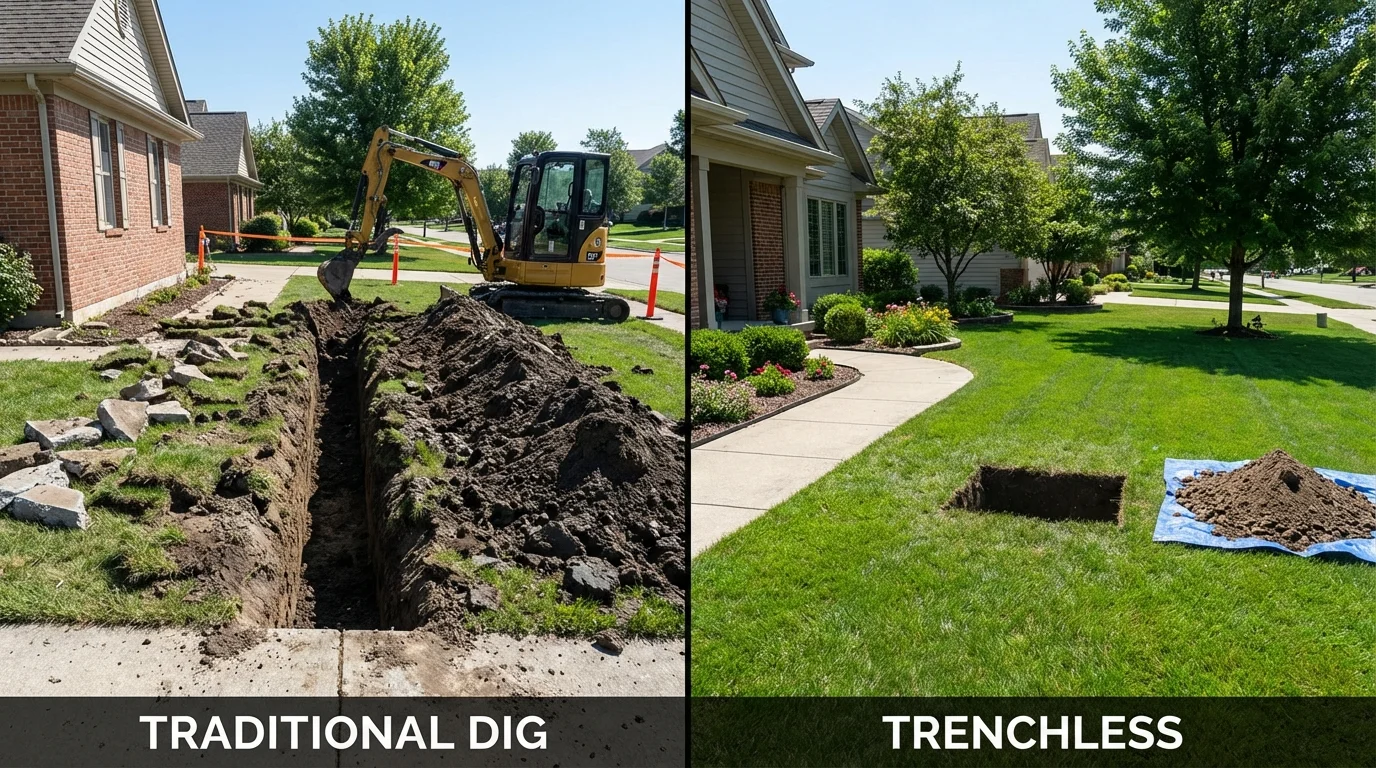 Trenchless sewer repair with minimal yard damage versus traditional excavation in Livingston, LA