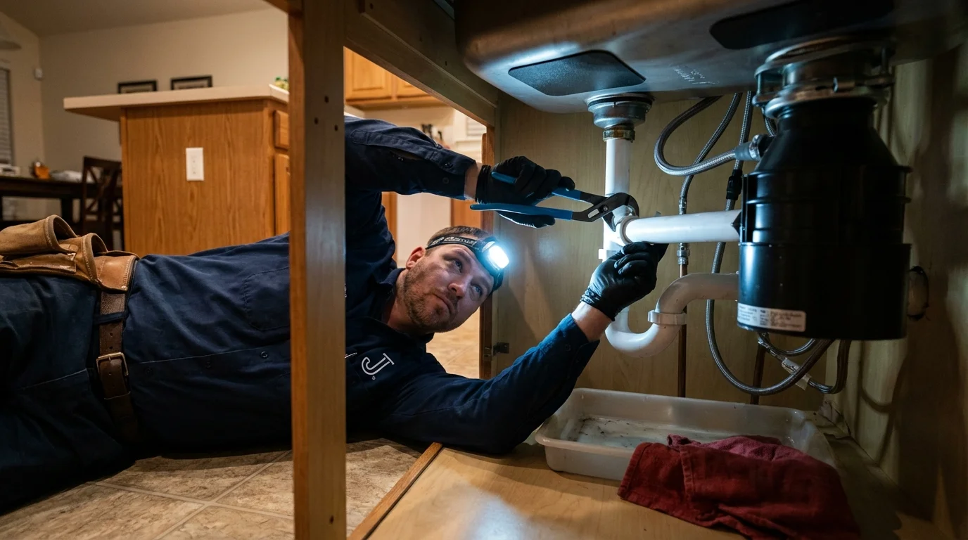 P-trap and supply line connections under a kitchen sink showing a common leak point in Livingston, LA